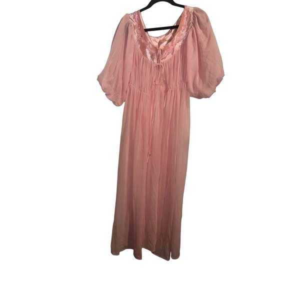 The Unbranded Brand Other - Vtg Pink Sheer Nightgown Puff Sleeve Embroidered Robe Coquette Fairy Whimsical